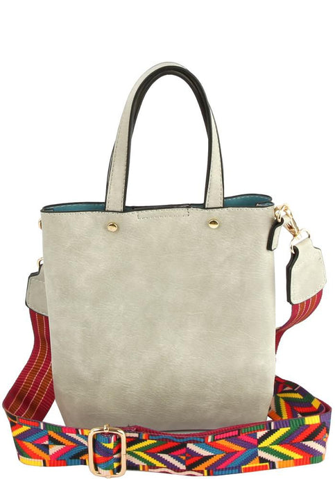 Grey Textured Tote Bag With Pattern Strap