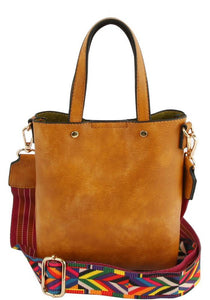 Brown Textured Tote Bag With Pattern Strap