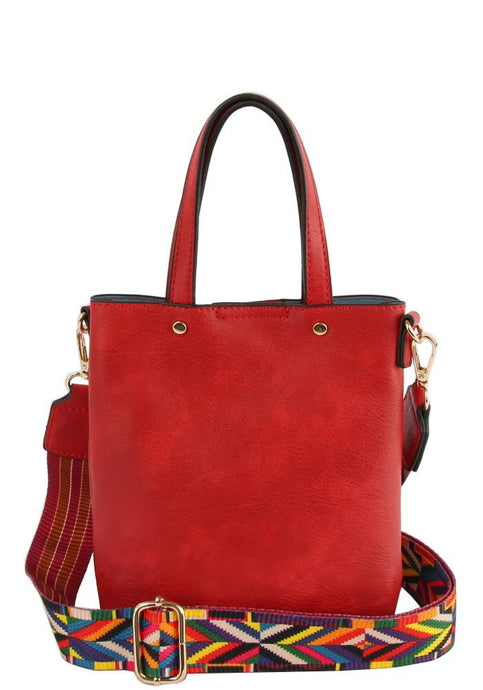Red Textured Tote Bag With Pattern Strap