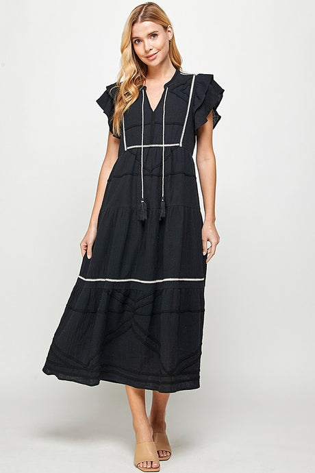 Black Trim Detailed Midi Dress