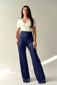 Navy Pants The Desires Satin Stretch High Waisted Pants