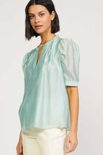 Light Sage Ruffled Neck Blouse With Placket And Stitch Detail