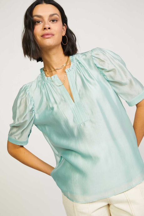 Light Sage Ruffled Neck Blouse With Placket And Stitch Detail