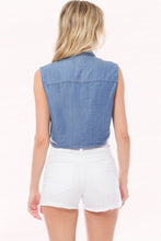 Medium Denim Sleeveless Button Down Tie Front Chambray Shirts