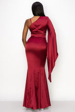 Wine Solid Satin One Shoulder Deep V-Neck Maxi Dress