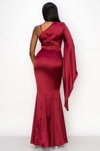 Wine Solid Satin One Shoulder Deep V-Neck Maxi Dress