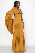 Brown Solid Satin One Shoulder Deep V-Neck Maxi Dress