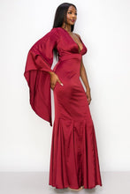 Wine Solid Satin One Shoulder Deep V-Neck Maxi Dress