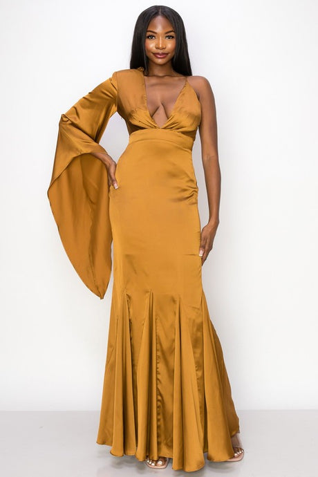 Brown Solid Satin One Shoulder Deep V-Neck Maxi Dress