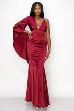 Wine Solid Satin One Shoulder Deep V-Neck Maxi Dress