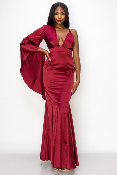 Wine Solid Satin One Shoulder Deep V-Neck Maxi Dress