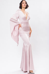 Pink Solid Satin One Shoulder Deep V-Neck Maxi Dress