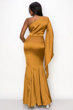 Brown Solid Satin One Shoulder Deep V-Neck Maxi Dress