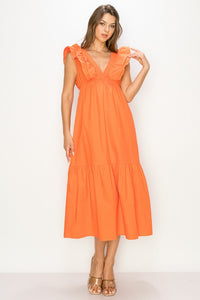 Orange Double Ruffle Midi Dress