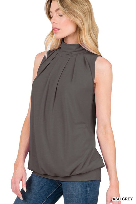 Ash Grey High Neck Pleated Top With Waistband