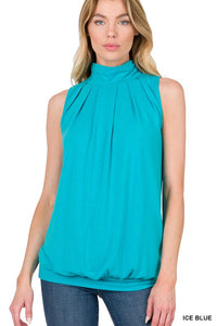 Ice Blue High Neck Pleated Top With Waistband
