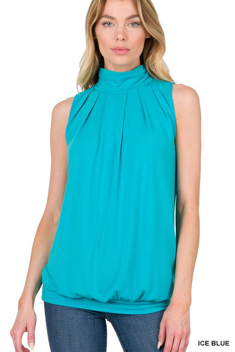 Ice Blue High Neck Pleated Top With Waistband