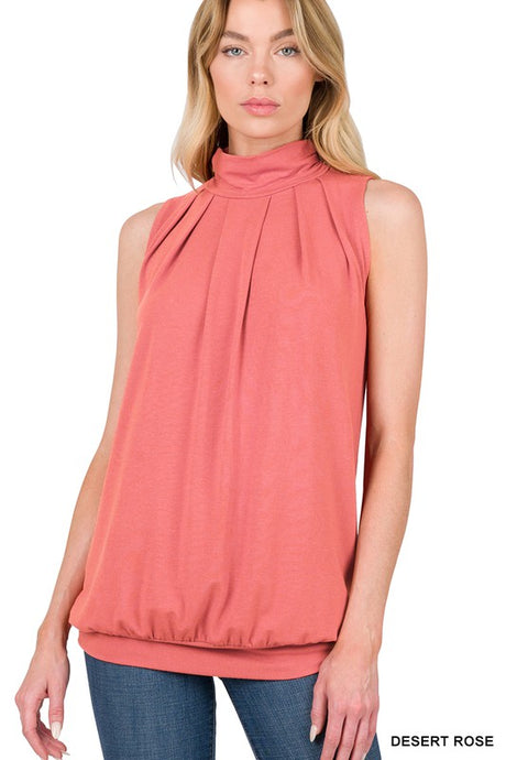Desert Rose High Neck Pleated Top With Waistband