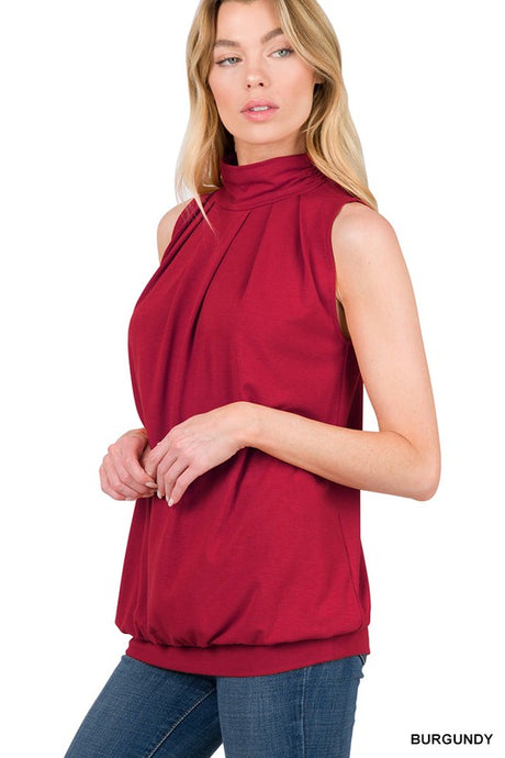 Burgundy High Neck Pleated Top With Waistband