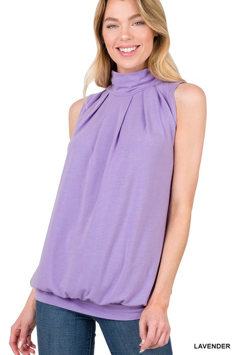 Lavender High Neck Pleated Top With Waistband