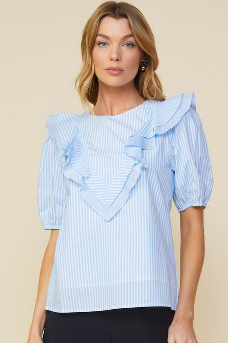Sky Blue Short Puffy Sleeve Striped Ruffle V Design Top