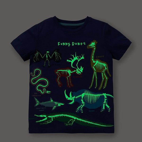 Blue Boys Cartoon Short Sleeve Animals Print Cotton Luminous T-Shirt Tops Summer Casual Tees