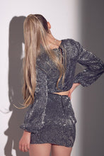 Shiny Silver/Black Two Piece Pleated Sequin Skirt Set