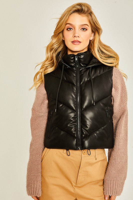 Black PU Faux Leather Chevron Puffer Vest