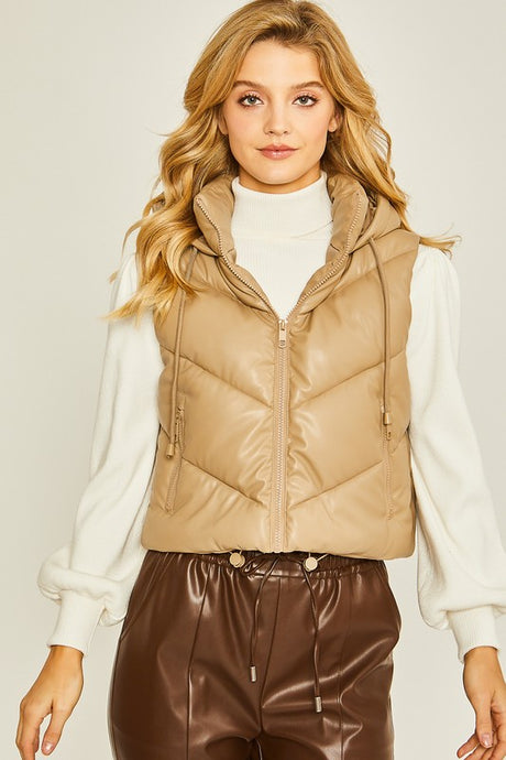 Taupe PU Faux Leather Chevron Puffer Vest