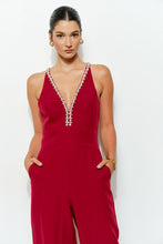 Burgundy Crystal Trim Deep V Cross Back Jumpsuit