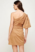 Tan Brown Ruched Side One Shoulder Mini Dress