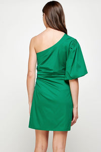 Emerald Ruched Side One Shoulder Mini Dress