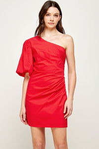 Red Ruched Side One Shoulder Mini Dress