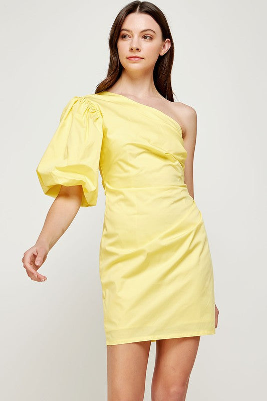 Pastel Yellow Ruched Side One Shoulder Mini Dress  Aquarius Brand