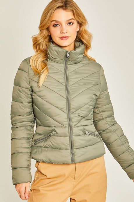 Olive Stone Zip Up Puffer Jacket With Storage Bag