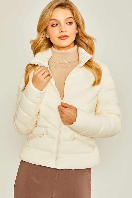 Ivory Zip Up Puffer Jacket With Storage Bag
