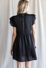 Black Satin Pleated Ruffle Cap Sleeve Dress