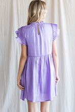 Lavender Satin Pleated Ruffle Cap Sleeve Dress