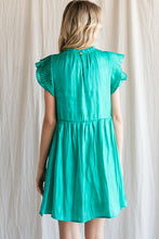 Emerald Satin Pleated Ruffle Cap Sleeve Dress