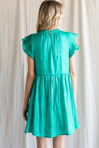 Emerald Satin Pleated Ruffle Cap Sleeve Dress