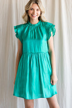 Emerald Satin Pleated Ruffle Cap Sleeve Dress