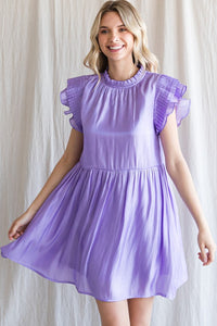 Lavender Satin Pleated Ruffle Cap Sleeve Dress