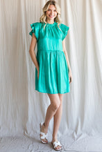 Emerald Satin Pleated Ruffle Cap Sleeve Dress