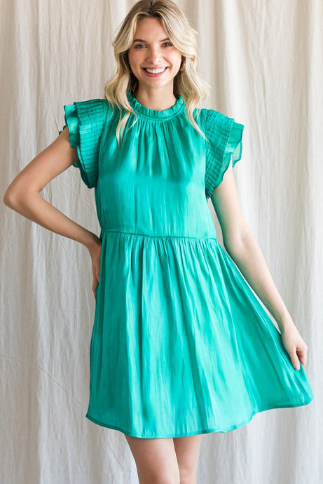 Emerald Satin Pleated Ruffle Cap Sleeve Dress