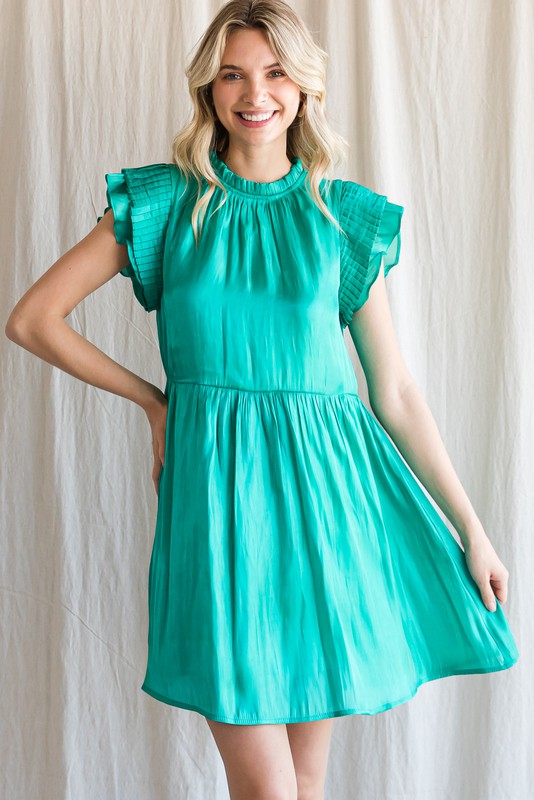 Emerald Satin Pleated Ruffle Cap Sleeve Dress  Aquarius Brand