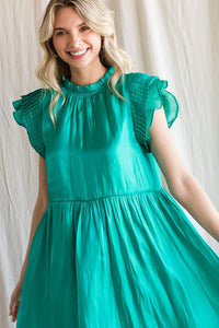 Emerald Satin Pleated Ruffle Cap Sleeve Dress