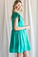 Emerald Satin Pleated Ruffle Cap Sleeve Dress