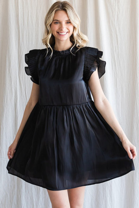 Black Satin Pleated Ruffle Cap Sleeve Dress