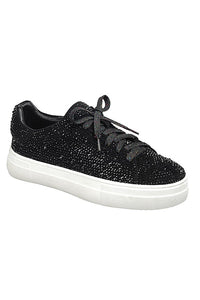 Black Low Top, Laced Sneakers With Rhinestone Details