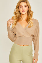 Khaki Surplice Neckline Ribbed Sweater